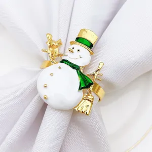 Rond de serviette bonhomme de neige de Noël en métal avec émail vert, beau détail.