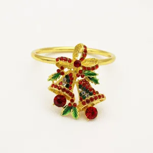 Rond de serviette cloche de Noël avec strass rouges, superbe décoration de table en métal.