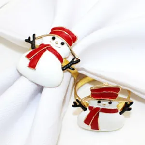 Close-up detail of cute Christmas snowman napkin rings with red scarf, ideal for holiday table decor.