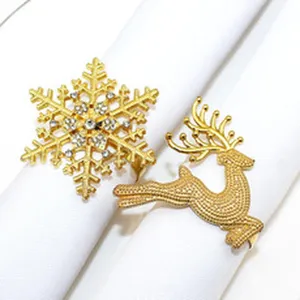 Christmas gold napkin rings set snowflake and reindeer holiday table decoration alloy