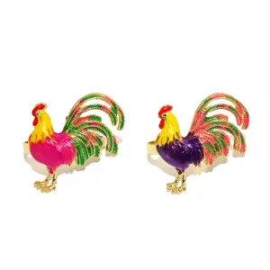 6pcs metal rooster napkin rings set, cute animal cloth ring holders for Easter party