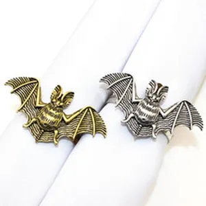 Vintage bat metal napkin rings set, gothic table decor for Halloween dinners, alloy holders.