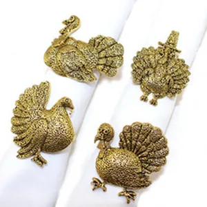 Gold turkey napkin rings Thanksgiving table decor metal napkin holders set of four pieces