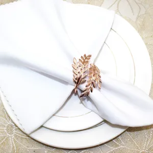 Rose gold leaf napkin ring detail view, elegant metal table decor for dining table wedding setup
