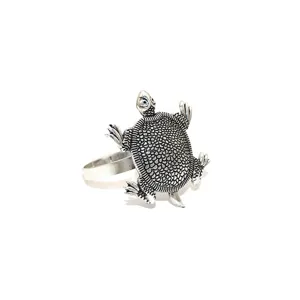 Detailed view of the vintage silver metal turtle napkin ring, showing exquisite textured shell details.