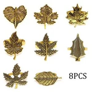 Antique gold leaf napkin rings set of 8, vintage alloy leaf table decor for autumn.