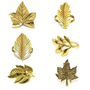 Antique gold leaf napkin rings set, elegant metal leaf napkin holders for dining table.