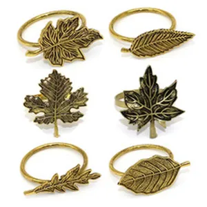 Antique gold metal leaf napkin rings set of 6, vintage autumn table decor for Thanksgiving.