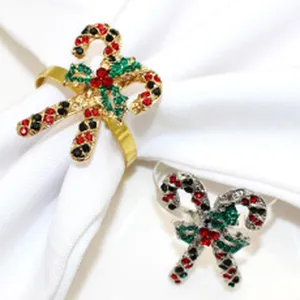 Christmas candy cane napkin ring detail view, sparkling rhinestone alloy tableware decor