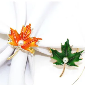 Alloy maple leaf napkin ring with pearl, autumn table decor detail, elegant dinner ring set.