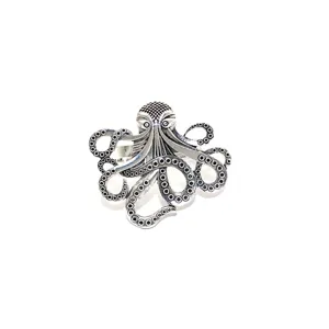 Vintage octopus metal napkin ring, antique silver marine life napkin holder for table decor.