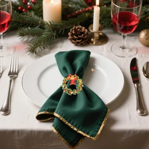 Christmas rhinestone wreath napkin ring with red bell and bow for festive table detail