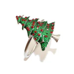 Christmas tree napkin ring with red rhinestones green enamel silver metal decor for party