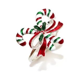 Christmas Napkin Ring Silver Metal Candy Cane Bow Enamel Holiday Table Decor Dinner Accessory