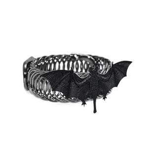 Detail shot of the black bat metal spring curtain tieback, gothic home decor accessory.