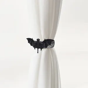 Black bat curtain tieback detail shot, metal spring curtain buckle for Halloween home decor