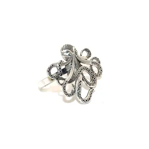Detailed view of vintage silver octopus metal napkin ring, marine life table decor piece.