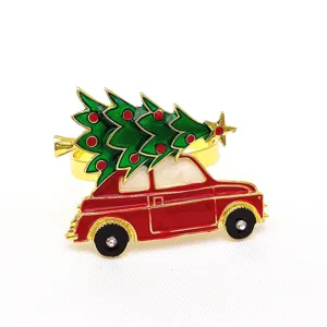 Rond de serviette voiture rouge de Noël avec support en métal arbre vert pour table.