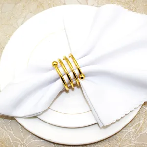 Gold metal spring napkin ring detail view, elegant table setting accessory for hotel dining.