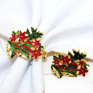 Christmas napkin ring set, red flower and green leaf alloy napkin holder for hotel table decor