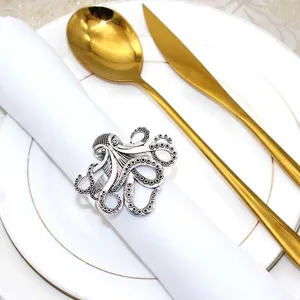 Close-up detail of vintage silver octopus napkin ring, metal marine life tableware decor item.