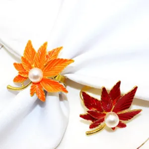Maple leaf napkin rings set alloy autumn leaf table decor pearl napkin holders for party