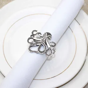Vintage metal octopus napkin ring detail shot, elegant marine table decor for parties.