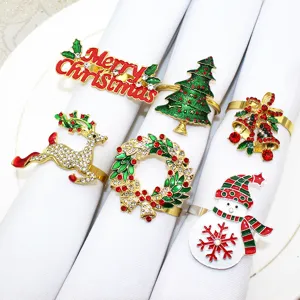 Lot de 6 ronds de serviette de Noël en métal strass renne sapin couronne déco de table
