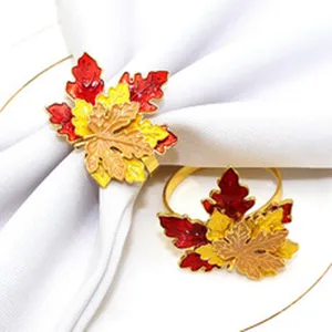 Fall maple leaf napkin ring set, autumn table decoration, elegant metal alloy ring style