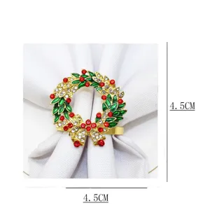 Exquisite gold alloy Christmas wreath napkin ring with brilliant rhinestones decor.