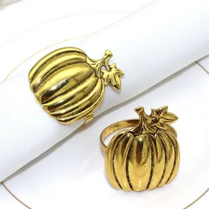 Exquisite antique gold pumpkin napkin ring set, premium alloy material for holiday table decor.