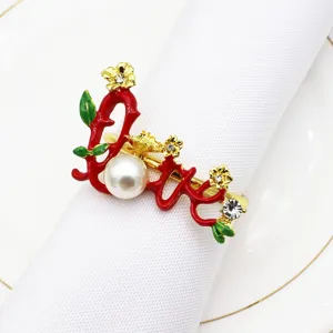 Christmas napkin ring alloy metal red enamel pearl rhinestone table decor accessory