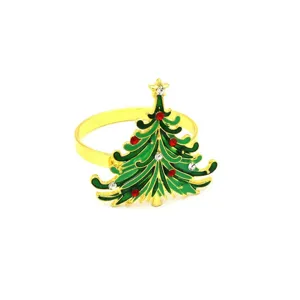 Exquisite metal Christmas tree napkin ring with green enamel for holiday dining table decor.