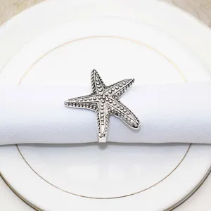 Detailed close-up shot of a vintage silver starfish napkin ring on a clean white plate.