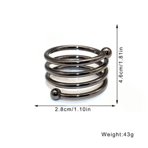 Metal napkin ring featuring a spiral spring design with double ball ends, detailed dimensions.