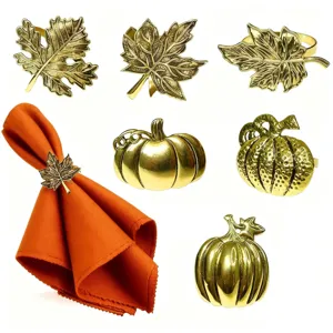 Thanksgiving Napkin Rings Set Antique Gold Alloy Maple Leaf And Pumpkin Napkin Holders For Fall Table Decor Party