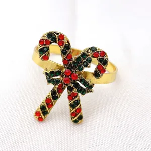 Christmas candy cane napkin ring rhinestone gold metal holiday table decor detail view