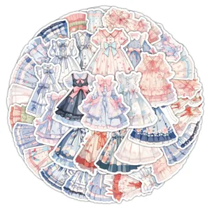 Cute Lolita dress stickers set, aesthetic anime style waterproof decals for laptop and phone case.