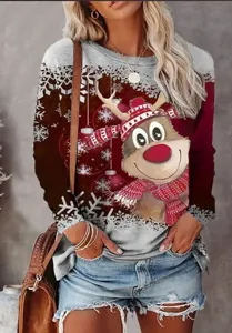 Mujer Navidad Manga Larga Camiseta Lindo Dibujo Animado Reno Impreso Casual Top