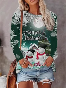 Mujeres Navidad Manga Larga Camiseta Cuello Redondo Muñeco de Nieve Estampado Top Cálido