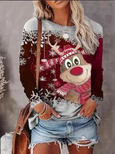 Camiseta de mujer de manga larga con estampado de reno navideño estilo invierno top