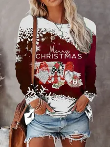 Camiseta de manga larga con estampado de gnomo navideño cuello redondo mujer invierno