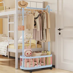 Mobile clothes rack with storage basket bedroom floor standing coat hanger for garment