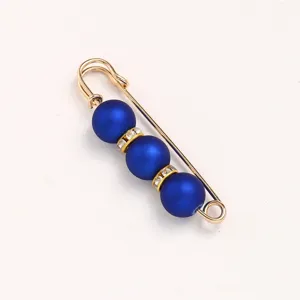 Gold safety pin brooch with blue matte pearls and rhinestone spacers for dress waist