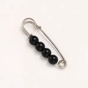 Silver tone safety pin brooch with four black round beads for waist adjustment clothing fix