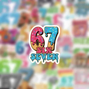 Waterproof number 67 cartoon vinyl sticker, funny internet slang skateboard laptop decal.