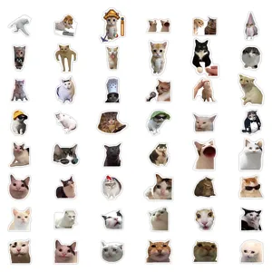 Cute funny meme cat waterproof stickers detail view, perfect for laptop and phone decoration.