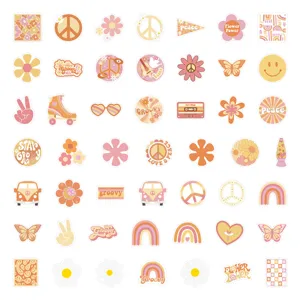 Detailed view of 50pcs retro hippie aesthetic stickers featuring groovy peace and flower designs.