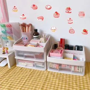 Adesivi murali dessert rosa kawaii e pratici organizzatori per trucco da scrivania.