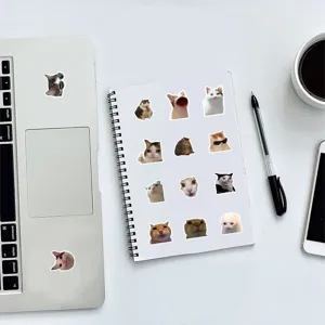 Cute funny cat meme stickers detail view, waterproof vinyl decals for laptop and phone cases.